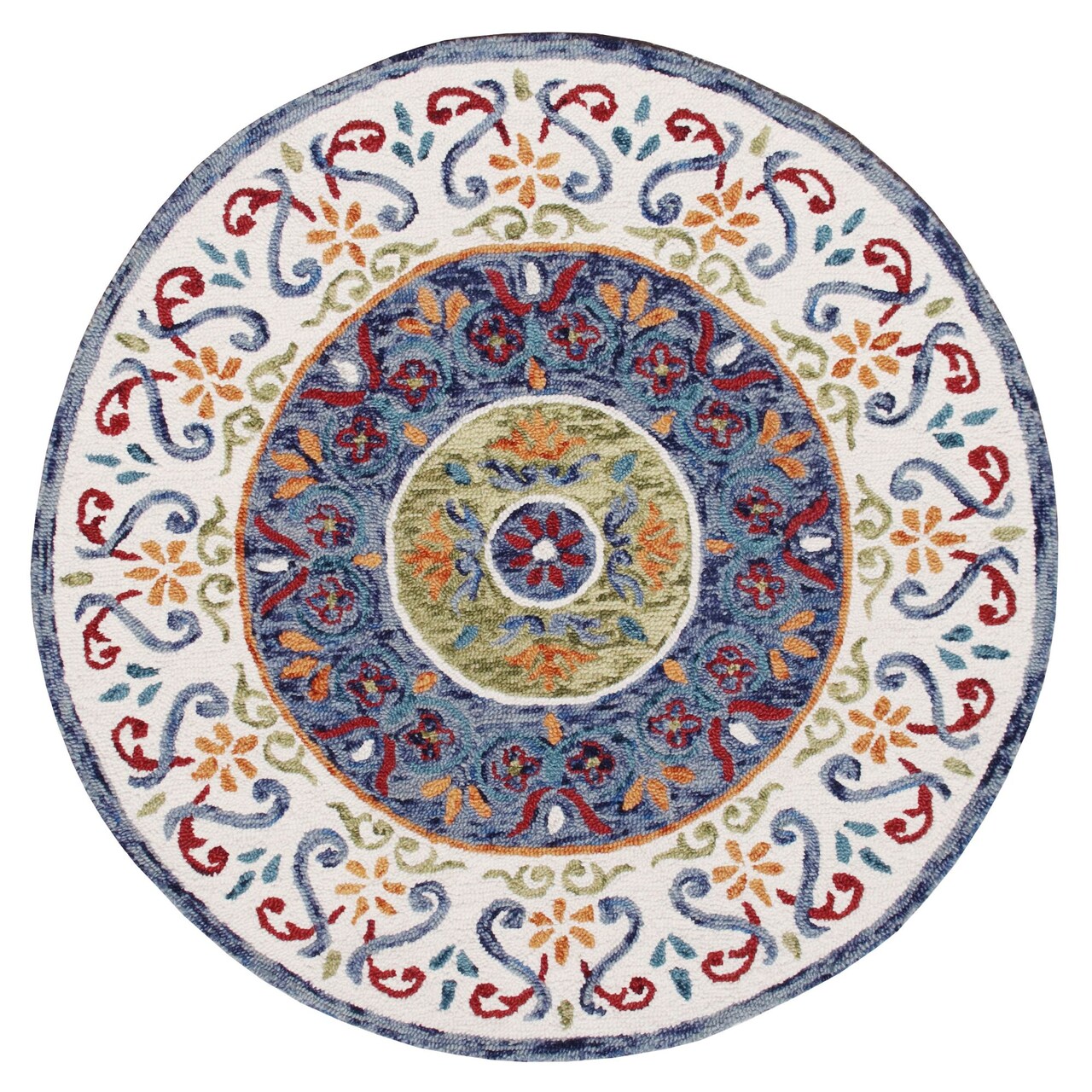 Laddha Home Designs 6' Blue and Orange Floral Mosaic Hand Tufted Round Wool Area Throw Rug